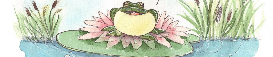 Frosch sitzt auf einer Seerose und quakt.