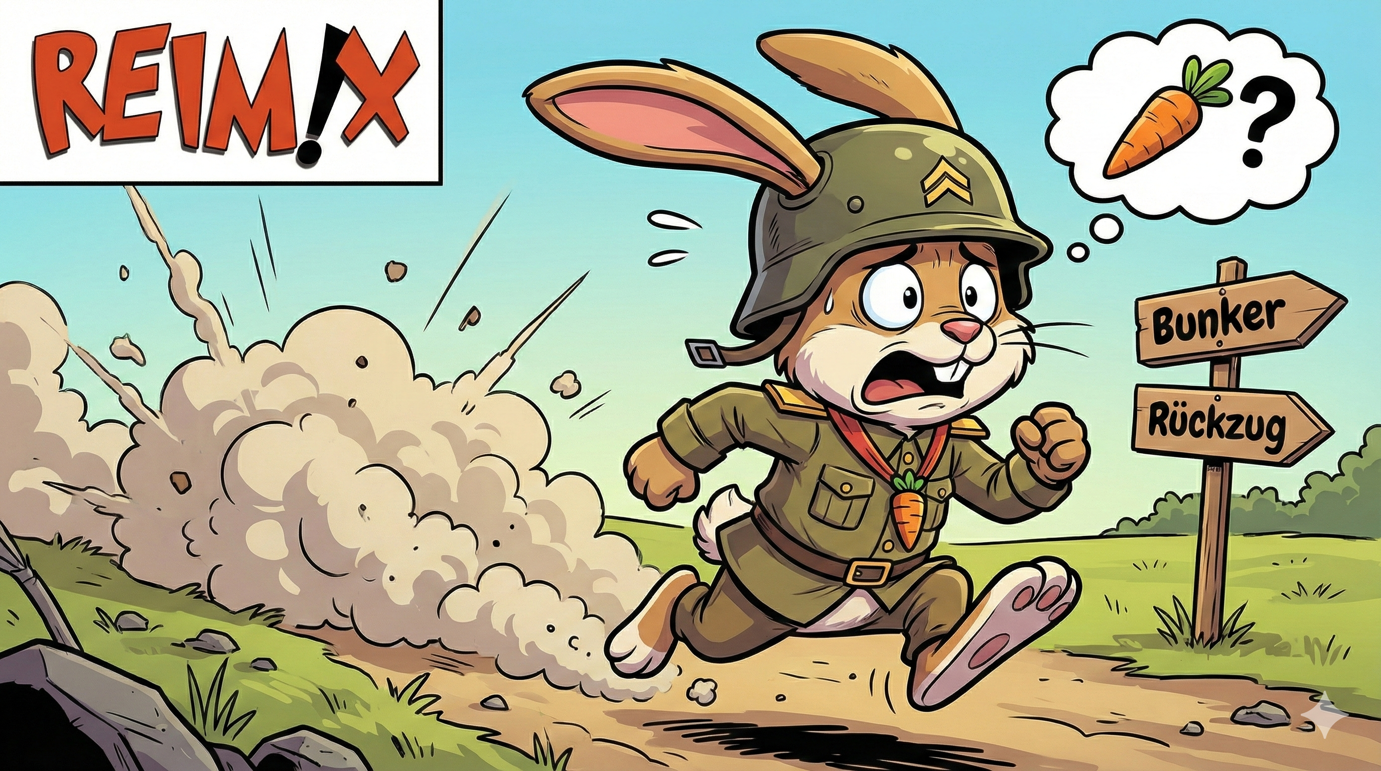 Kinderreim über einen Angsthasen Ein ängstlicher Hase in Armee-Uniform ergreift die Flucht.