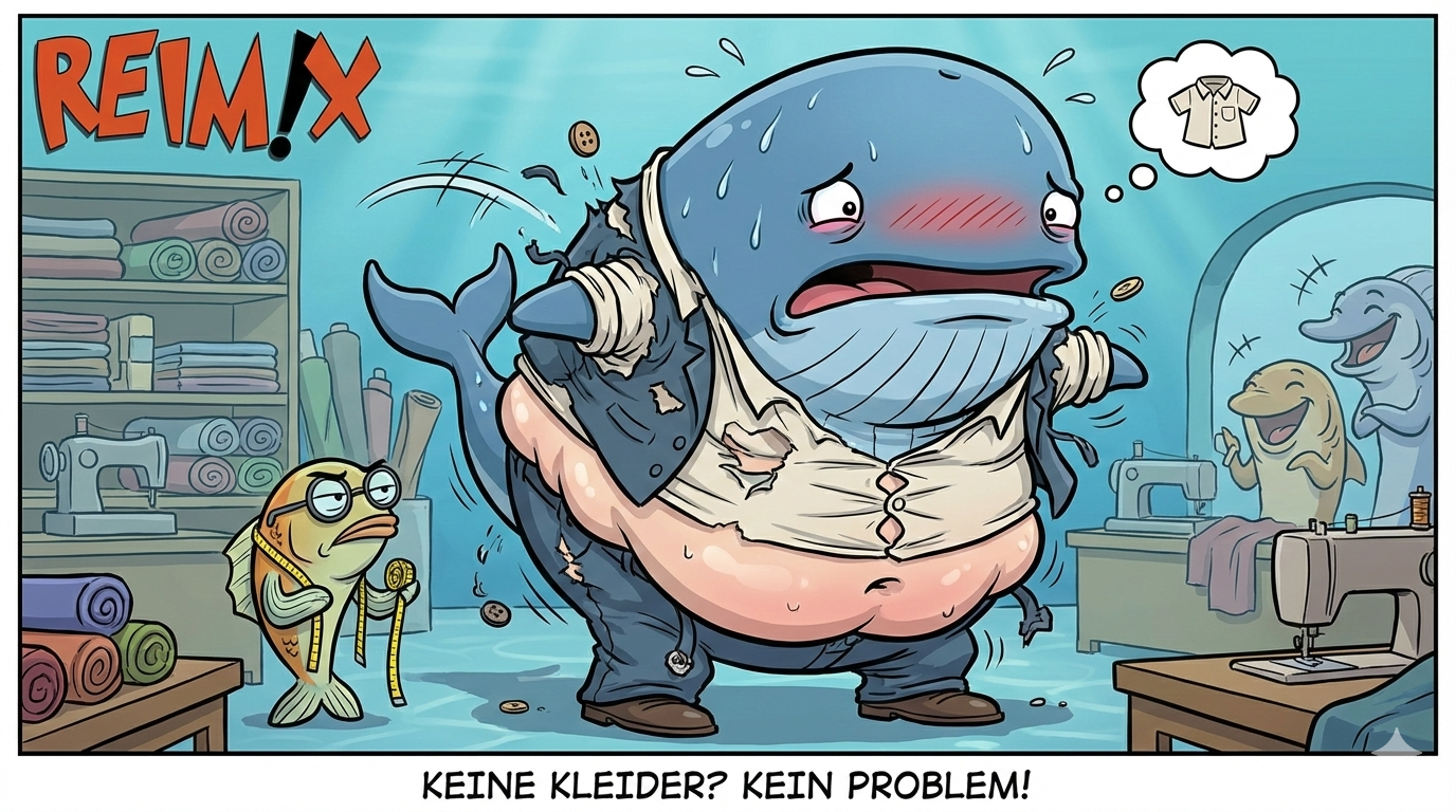 Der Wal platzt aus allen Nähten. Der Schneider lacht ihn aus.