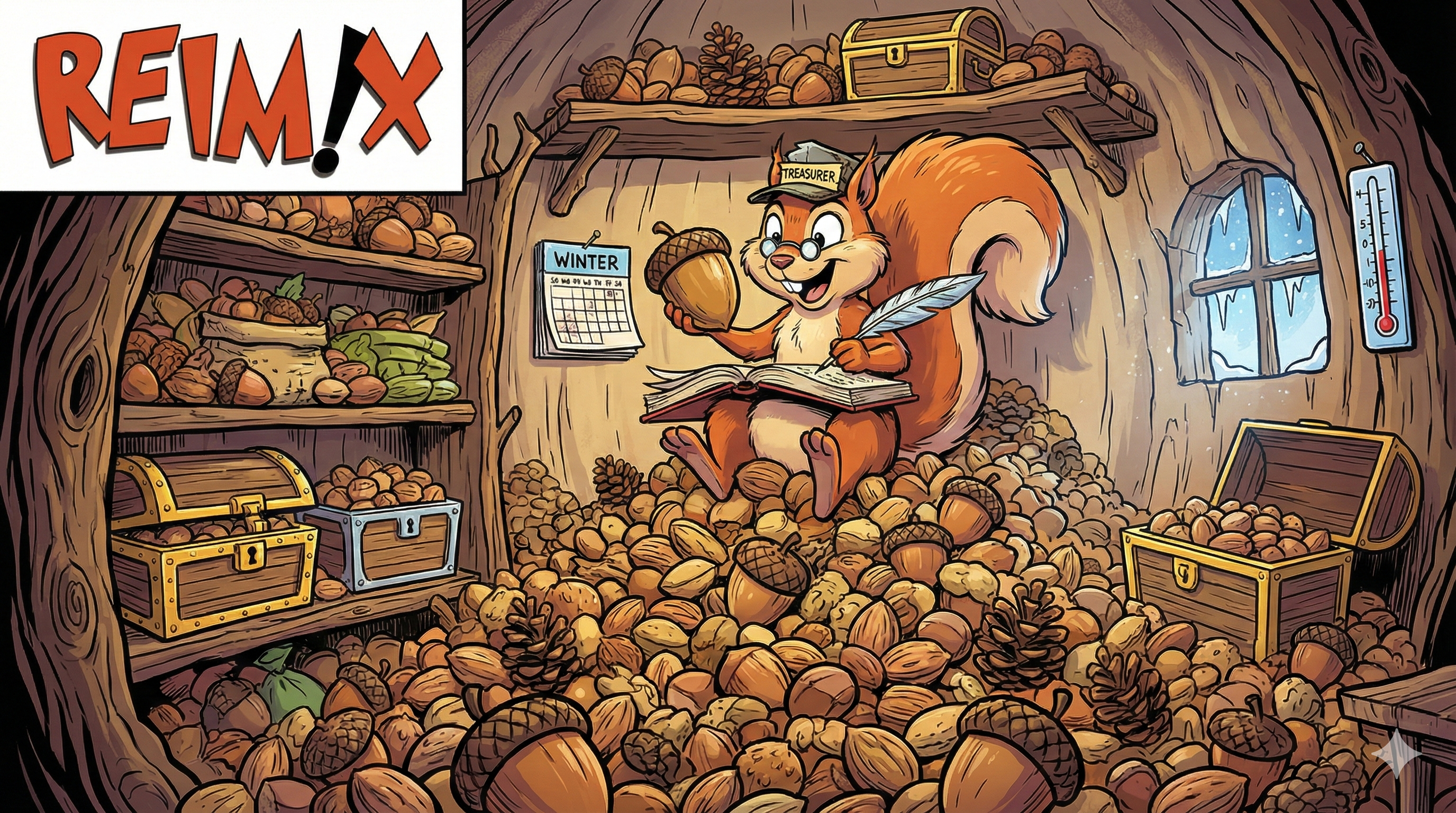 Kinderreim über einen fleißigen Sammler Comic-Illustraton von einem Eichhörnchen, das in seiner Vorratskammer auf einem Berg an Nüssen sitzt.