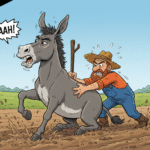 Ein Bauer schiebt einen bockigen Esel auf ein Feld. Der Esel schreit III-Aaah.