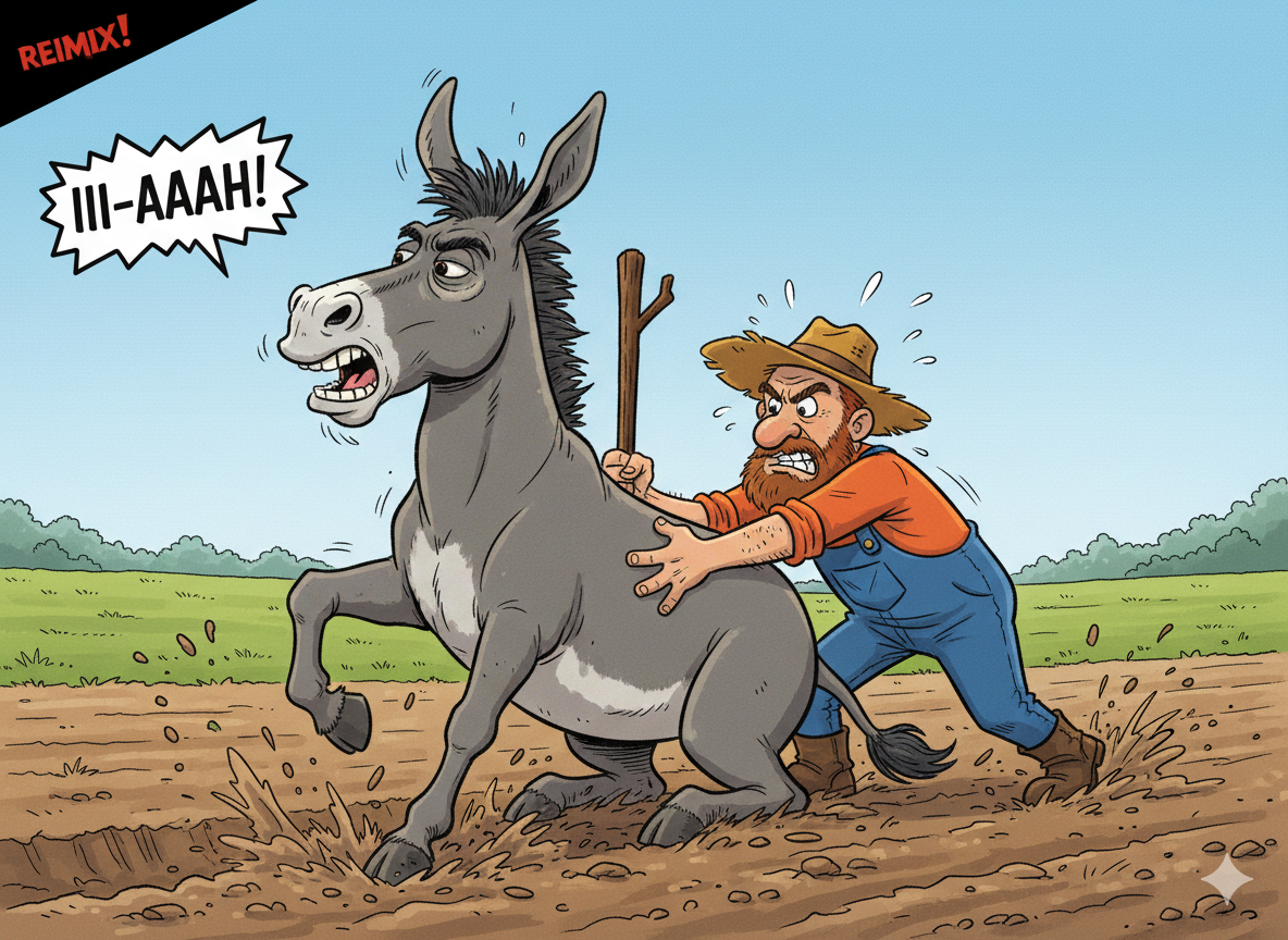 Ein Bauer schiebt einen bockigen Esel auf ein Feld. Der Esel schreit III-Aaah.