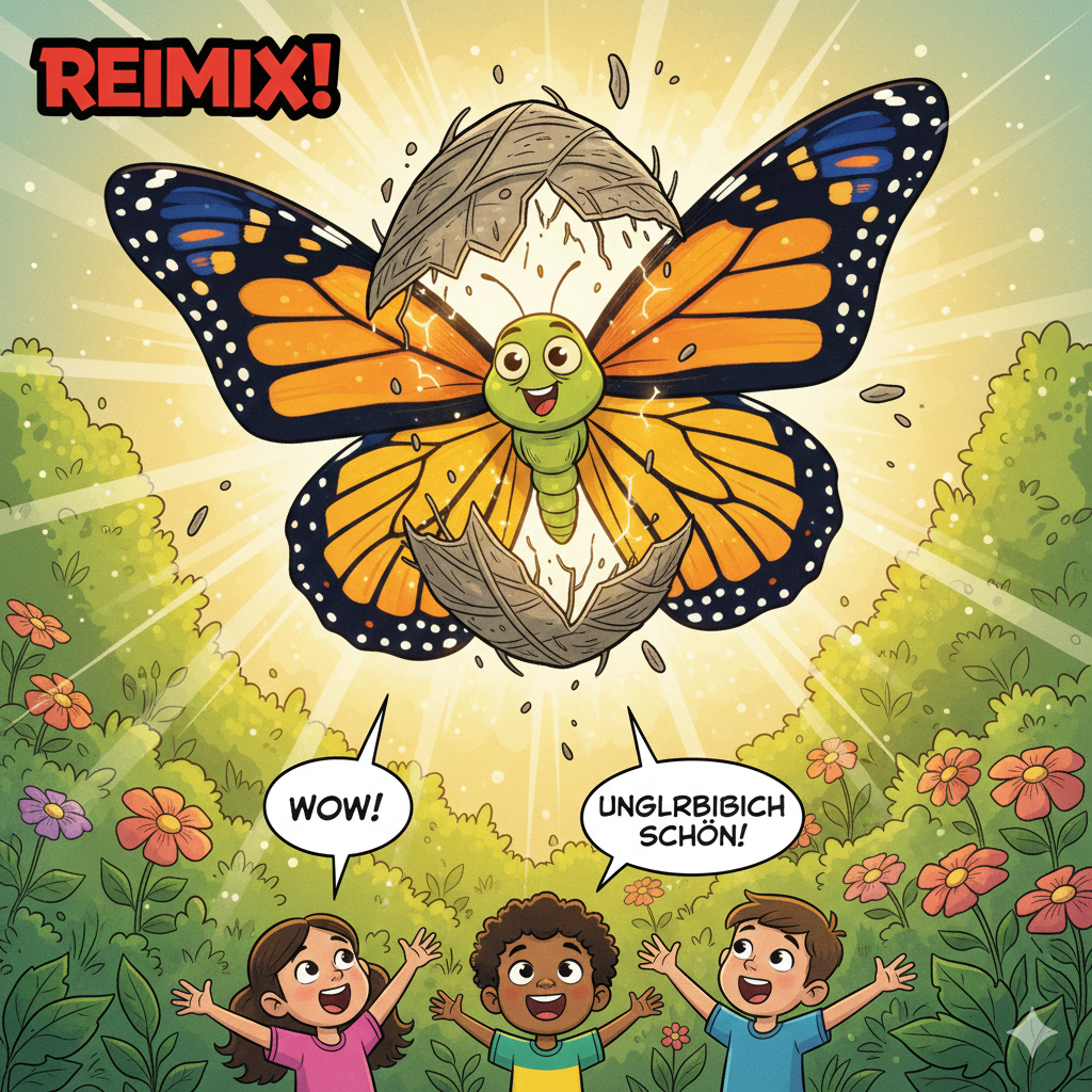 REIMIX Illustration Raupe entpuppt sich als Schmetterling