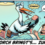 Lustiger Kinderreim über die Schwangerschaft Ein Storch zertrennt die Nabelschnurr mit dem Schnabel und reicht der Mutter das Neugeborene Kind.