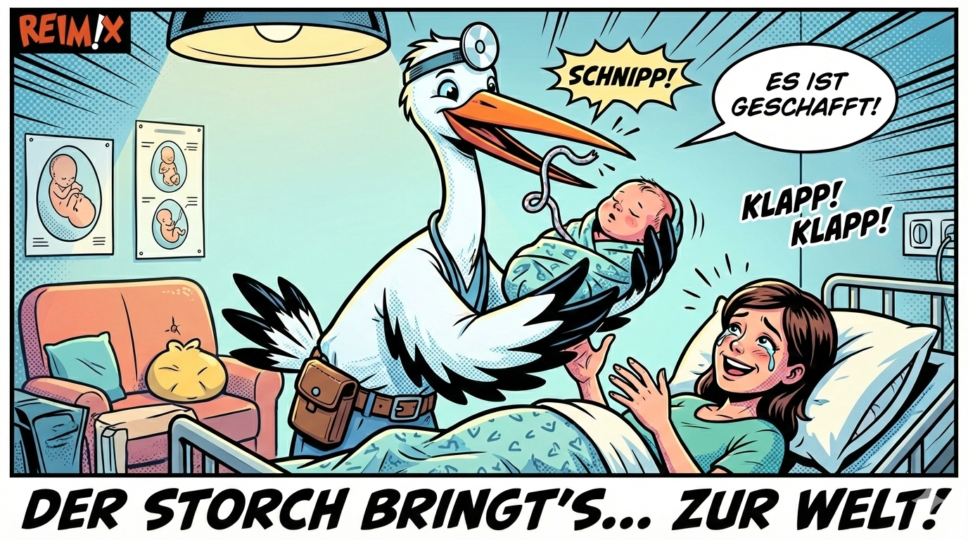 Ein Storch zertrennt die Nabelschnurr mit dem Schnabel und reicht der Mutter das Neugeborene Kind.