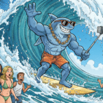 Ein cooler Hai als Surfer auf einer Welle am Strand filmt sich selbst mit dem Handy.