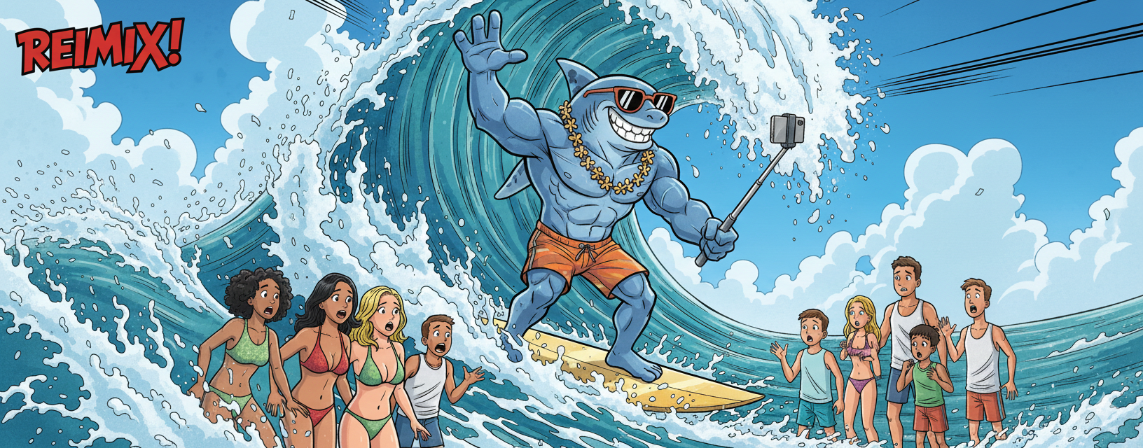 Ein cooler Hai als Surfer auf einer Welle am Strand filmt sich selbst mit dem Handy.