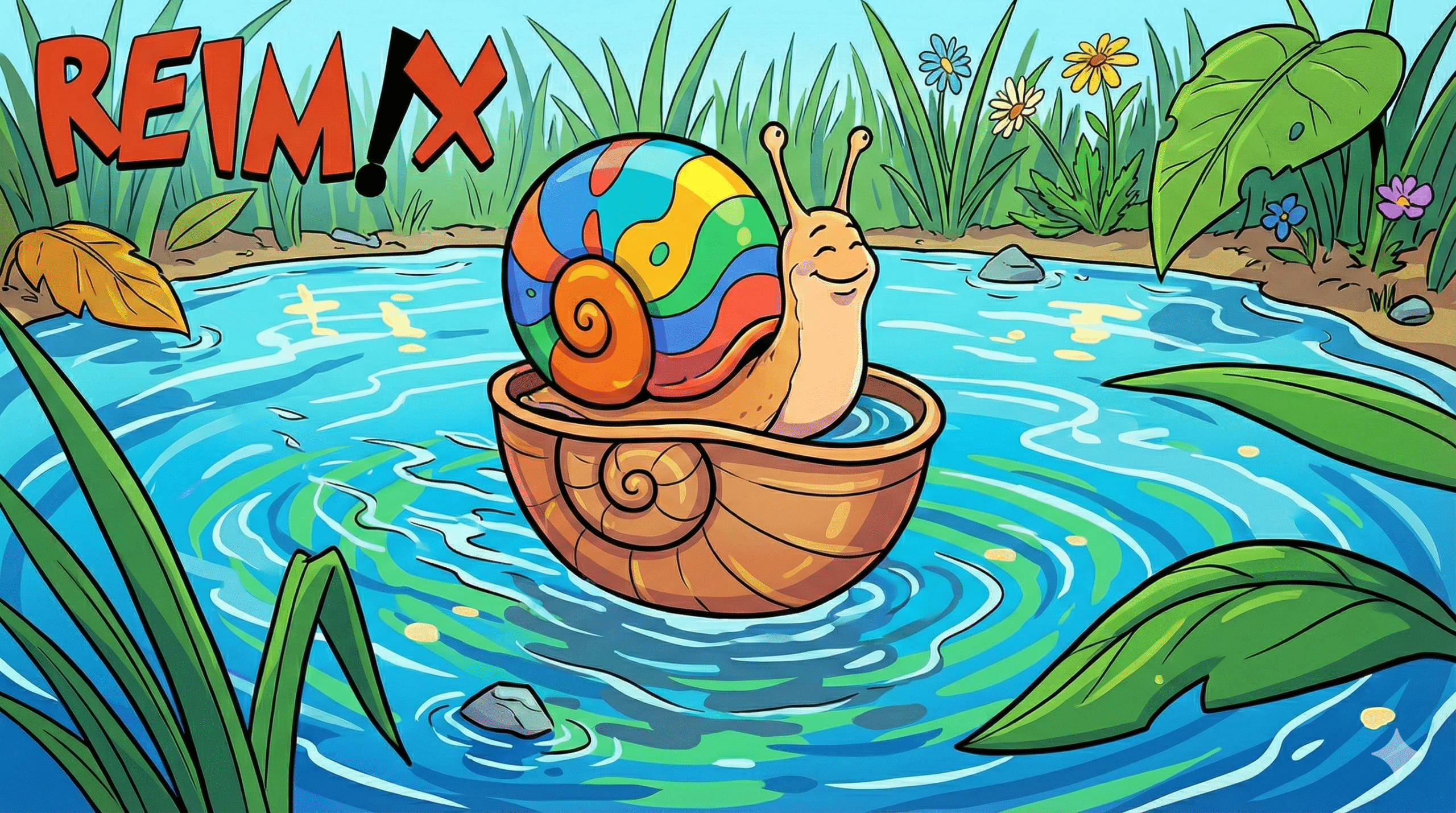 Schnecke treibt in ihrem Schneckenhaus durch eine Pfütze.