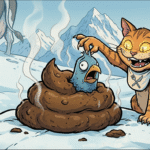 REIMIX Illustration eines Vogels, der bis zum Hals in einem Haufen Scheiße steckt. Der Vogel wird von einer Katze herausgezogen.