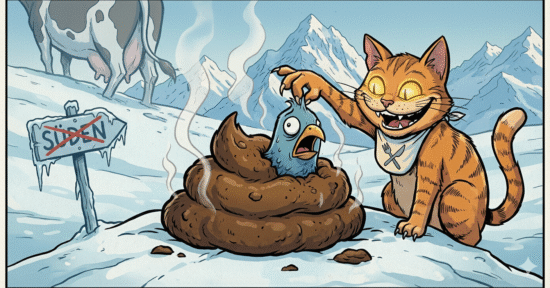 REIMIX Illustration eines Vogels, der bis zum Hals in einem Haufen Scheiße steckt. Der Vogel wird von einer Katze herausgezogen.