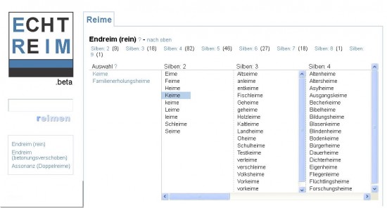Screenshot der Reimedatenbank Echtreim