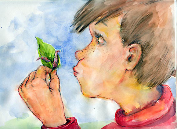 Kinderbuchillustration - Junge betrachtet Wurm von Agnes Zug
