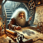 Ein Zwerg mit wirrem, grauen Haar sitzt in seiner Studierkammer umgeben von allerhand mechanischem Gerät